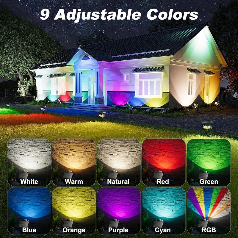 MOFOYEAH 4 Pack Solar Spot Lights Outdoor Waterproof IP68, Super Bright 9 Colors LED Solar Lights Outdoor with 3 Brightness Fixable Colors for Yard Pathway Garden House Lawn - Image 3